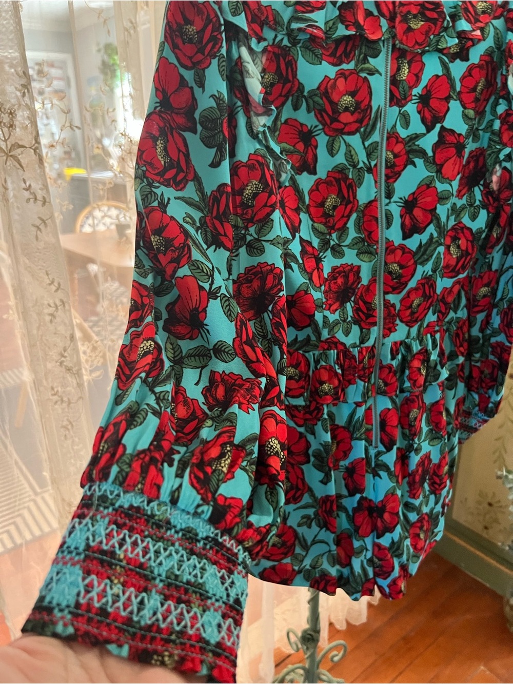 Alice + Olivia Teal Romper with Red Floral Print - Picture 4 of 9